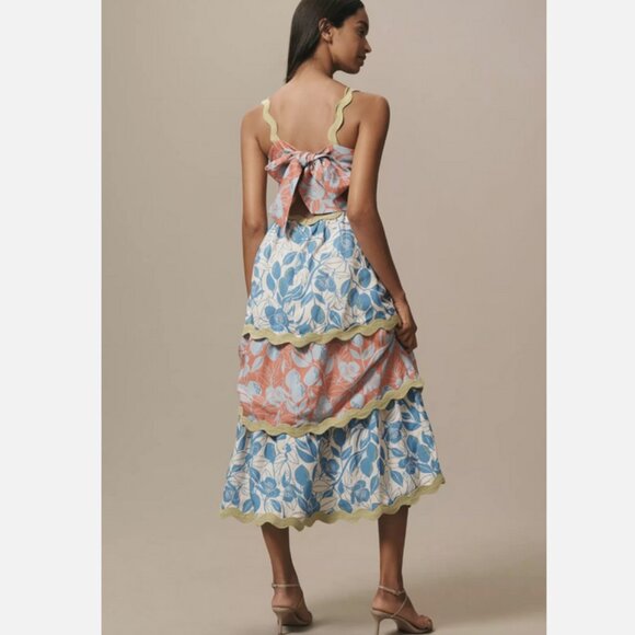 Farm Rio x Anthropologie Linen Blend Tiered Rickrack Midi Dress Size L NWT Large - Picture 2 of 4